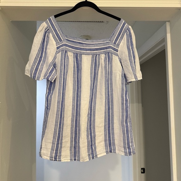 Talbots 100% Linen Blue & White Striped Blouse Sz Med Vacation Summer Classy - Picture 2 of 8